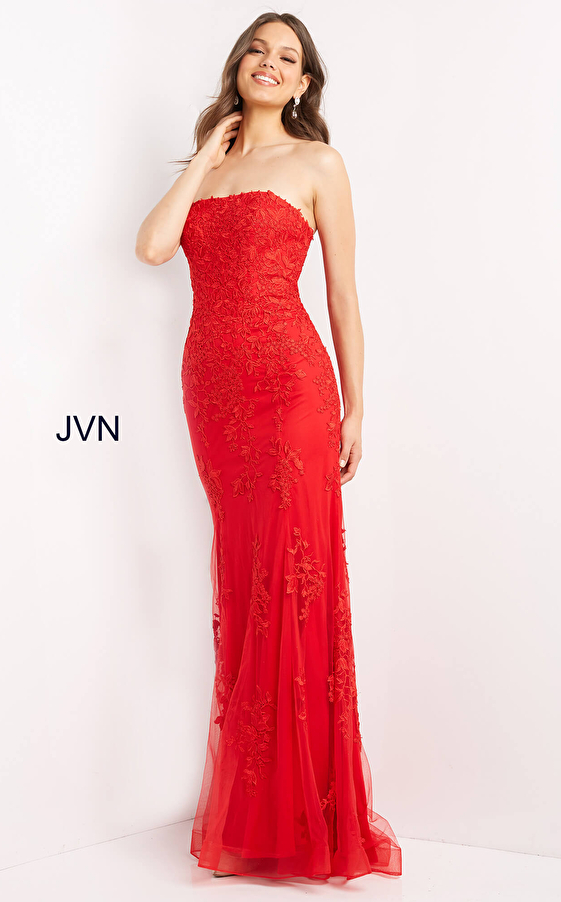 JVN3097 Burgundy Lace Strapless Straight Neckline Prom Dress